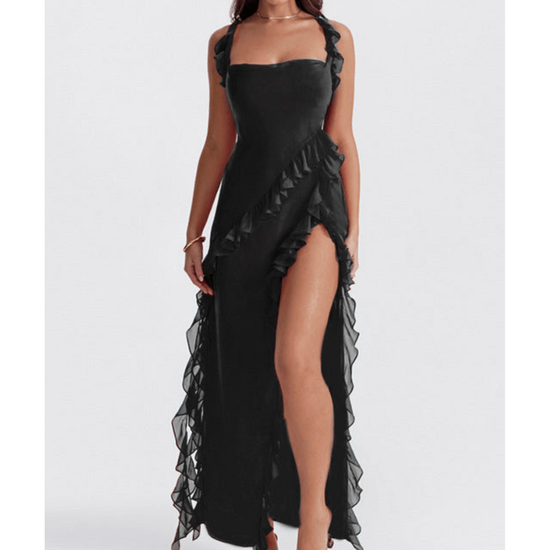 Evette | Robe Fendue à Volants Asymétrique d'Été Femme | Maxi - Looksy