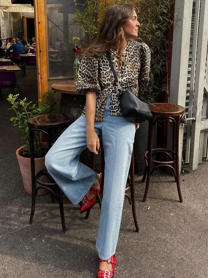 Veste Courte Léopard Manches Bouffantes Femme - Chic & Tendance
