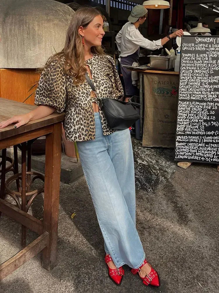 Veste Courte Léopard Manches Bouffantes Femme - Chic & Tendance