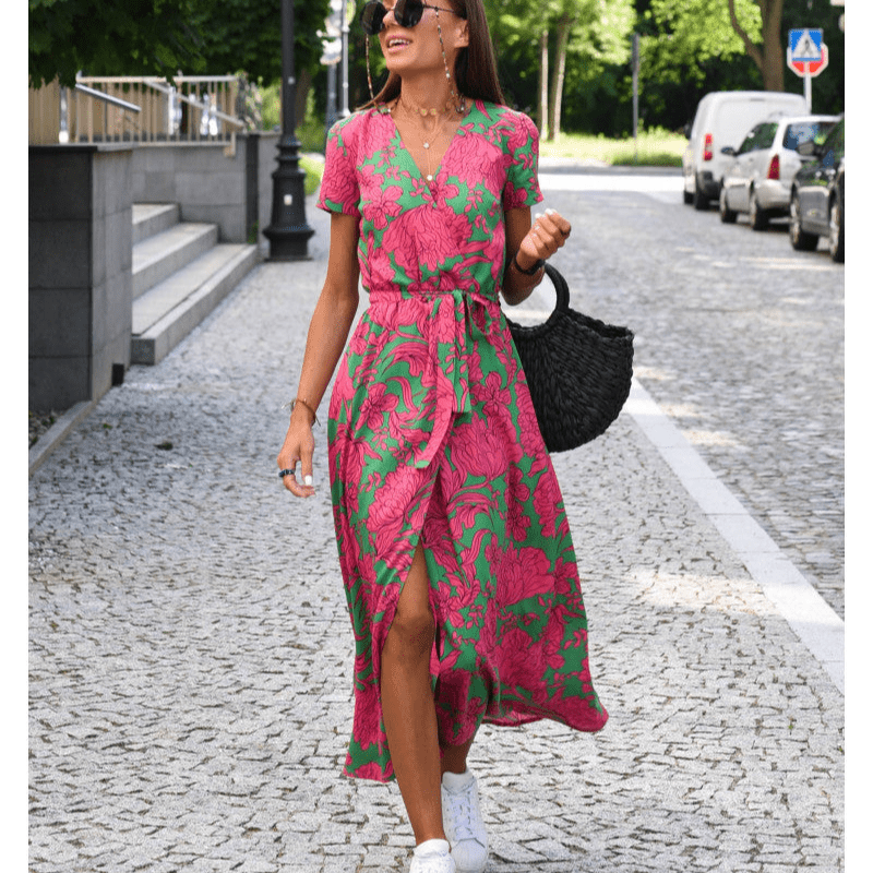 Florent | Robe d'Été Femme à Manches Courtes avec Ceinture | Mi - Longue - Looksy