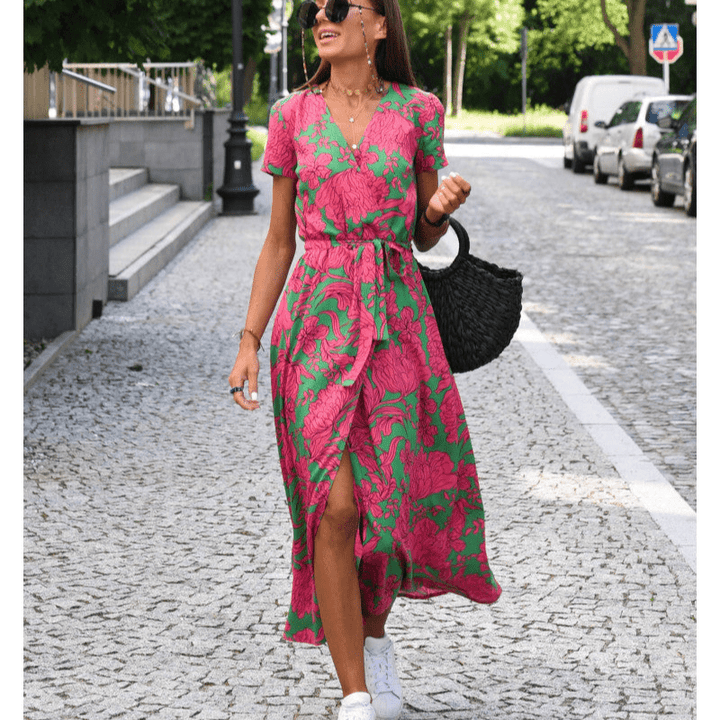 Florent | Robe d'Été Femme à Manches Courtes avec Ceinture | Mi - Longue - Looksy