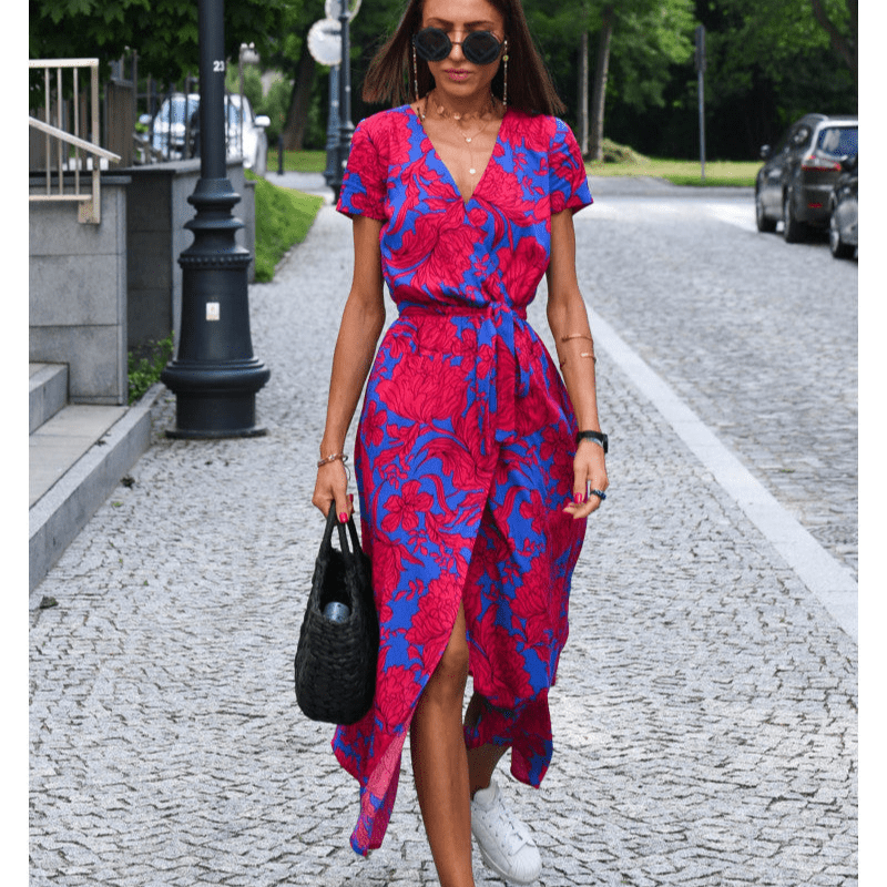 Florent | Robe d'Été Femme à Manches Courtes avec Ceinture | Mi - Longue - Looksy