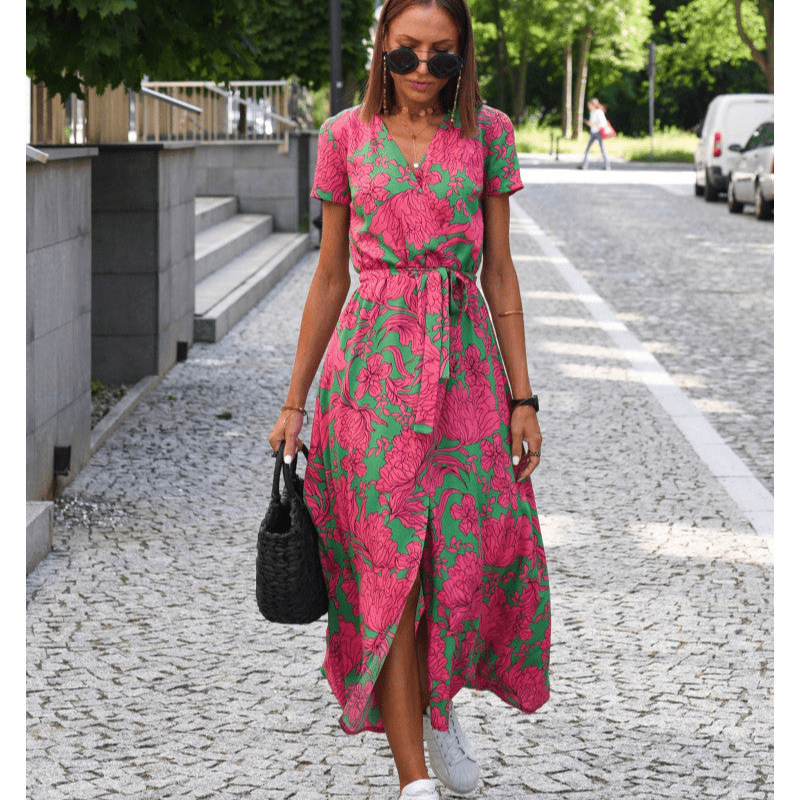 Florent | Robe d'Été Femme à Manches Courtes avec Ceinture | Mi - Longue - Looksy