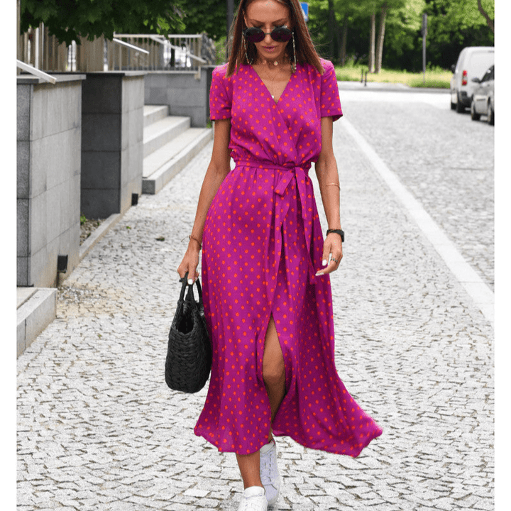 Florent | Robe d'Été Femme à Manches Courtes avec Ceinture | Mi - Longue - Looksy
