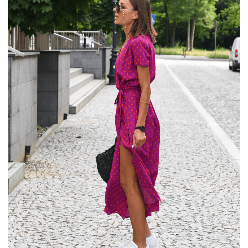 Florent | Robe d'Été Femme à Manches Courtes avec Ceinture | Mi - Longue - Looksy