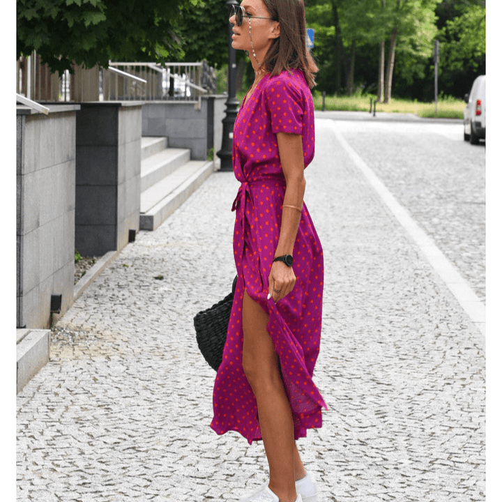 Florent | Robe d'Été Femme à Manches Courtes avec Ceinture | Mi - Longue - Looksy