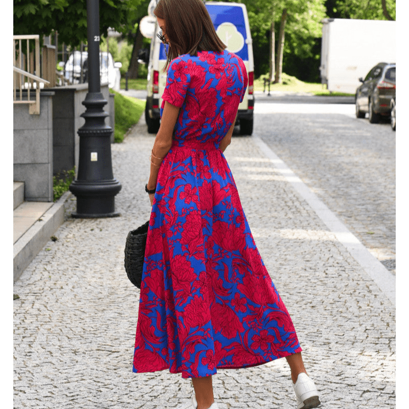 Florent | Robe d'Été Femme à Manches Courtes avec Ceinture | Mi - Longue - Looksy