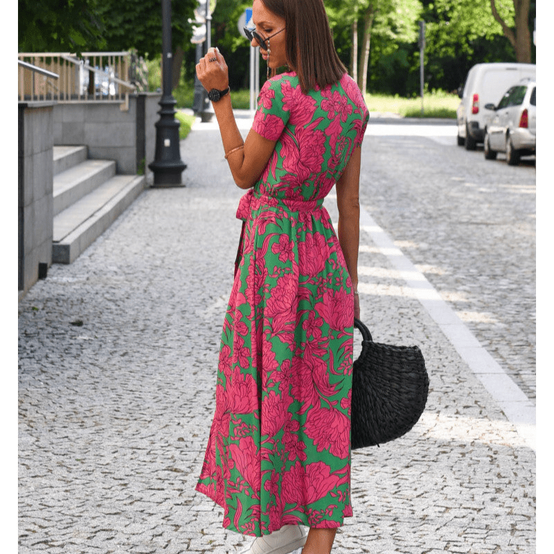 Florent | Robe d'Été Femme à Manches Courtes avec Ceinture | Mi - Longue - Looksy