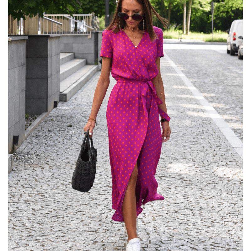 Florent | Robe d'Été Femme à Manches Courtes avec Ceinture | Mi - Longue - Looksy