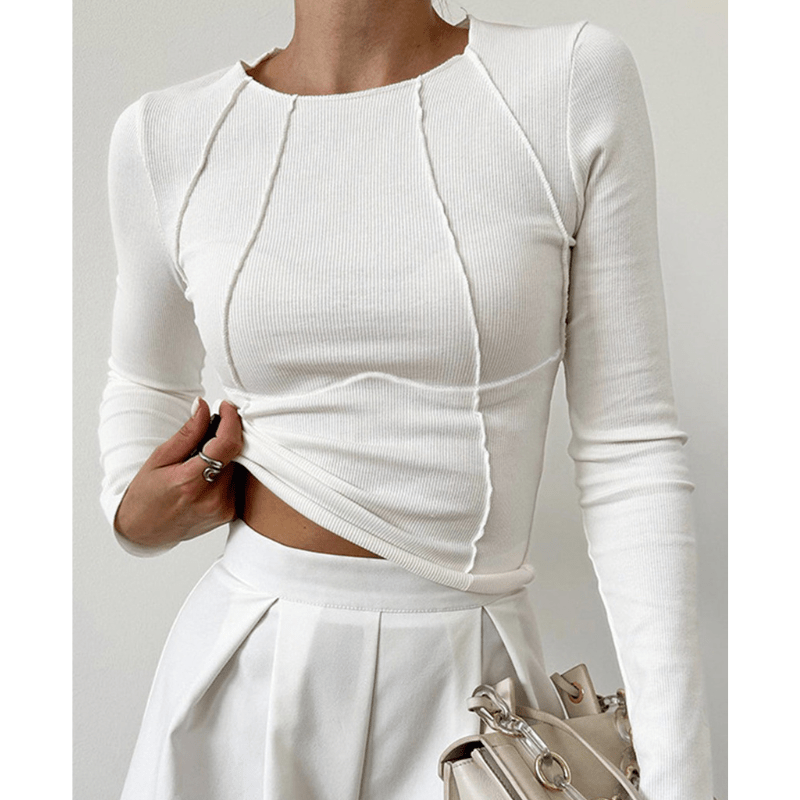 Ghislaine | Haut Cintré Femme Côtelé avec Détails de Coutures | Manches Longues - Looksy