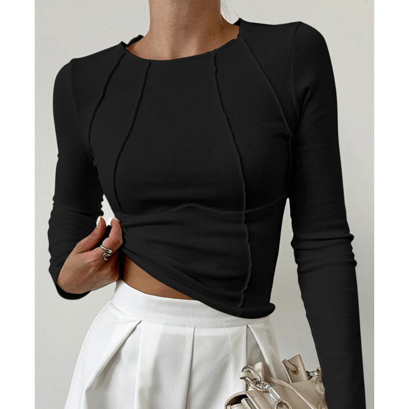 Ghislaine | Haut Cintré Femme Côtelé avec Détails de Coutures | Manches Longues - Looksy