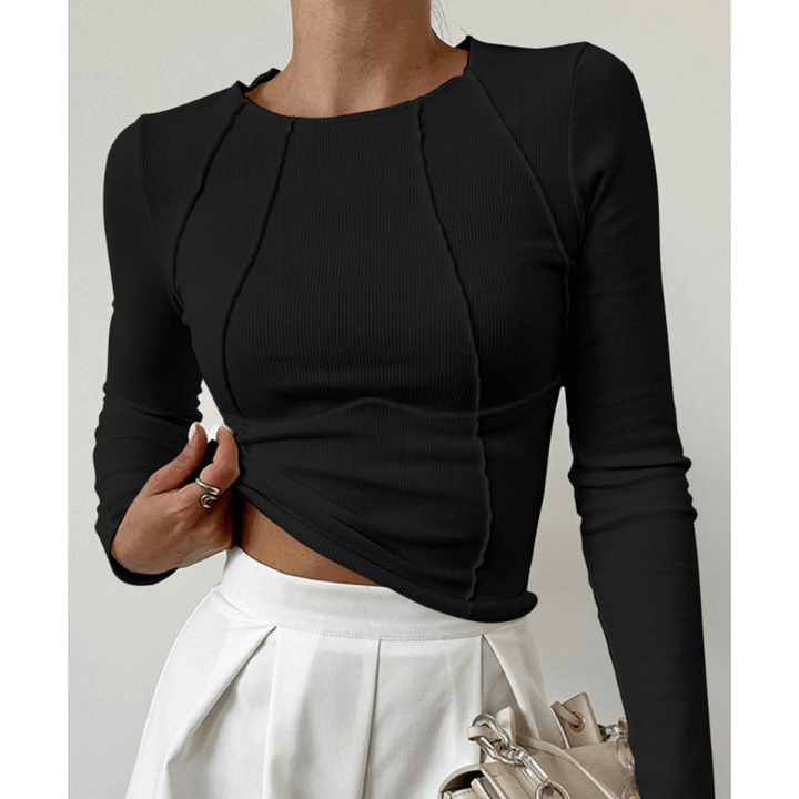 Ghislaine | Haut Cintré Femme Côtelé avec Détails de Coutures | Manches Longues - Looksy