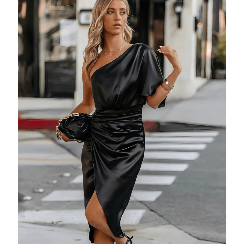 Gratia | Robe Élégante Asymétrique Plissée Pour Femme | Mi - Longue - Looksy