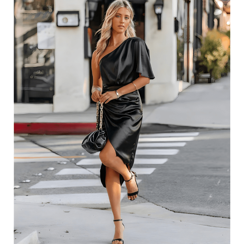Gratia | Robe Élégante Asymétrique Plissée Pour Femme | Mi - Longue - Looksy