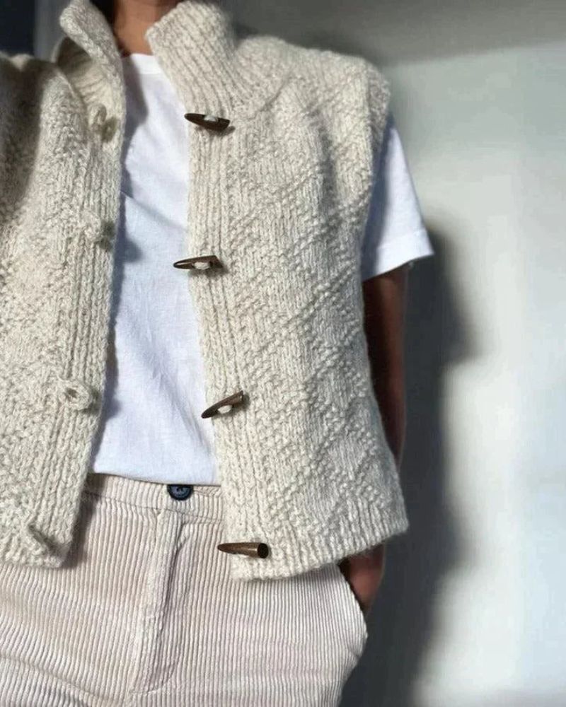 Gilet Tricot Femme Beige Boutons Bois - Style Bohème Chaleureux