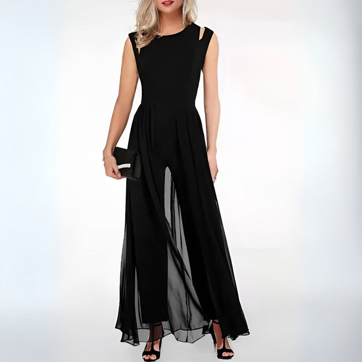Combinaison Jambes Voilées Noire - Élégante Sophistiquée Soirée Gala