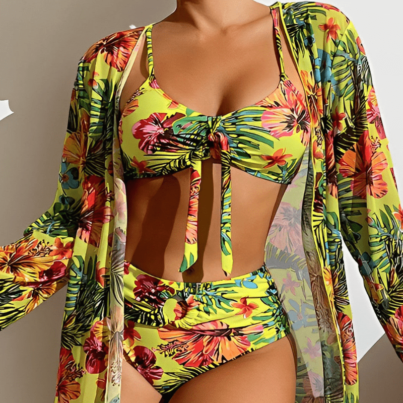 Janine | Kimono de Plage à Imprimé Tropical avec Ensemble Bikini pour Femme | Trois Pièces - Looksy