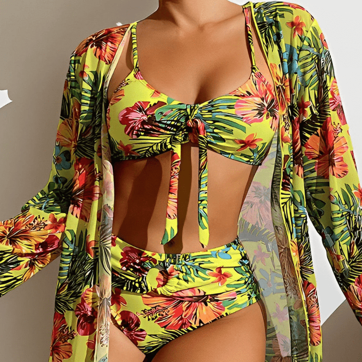 Janine | Kimono de Plage à Imprimé Tropical avec Ensemble Bikini pour Femme | Trois Pièces - Looksy