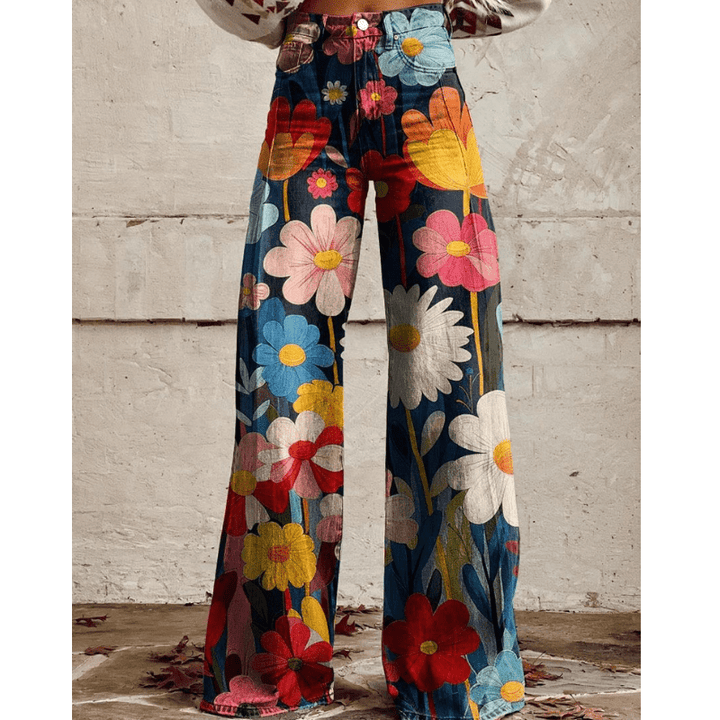 Jelena | Jeans Vintage à jambe large et imprimé floral | Taille haute - Looksy