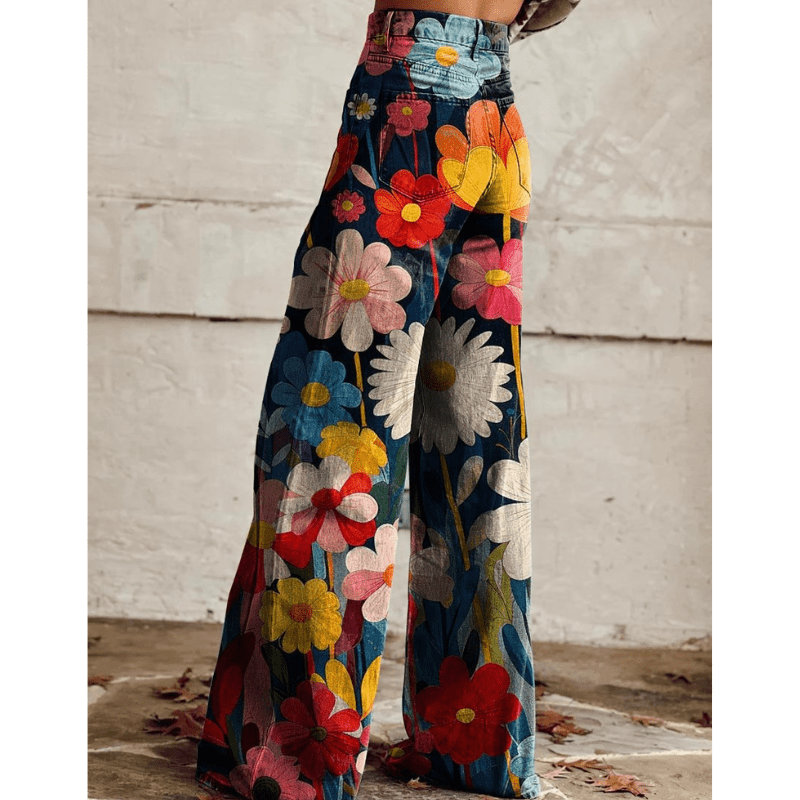 Jelena | Jeans Vintage à jambe large et imprimé floral | Taille haute - Looksy