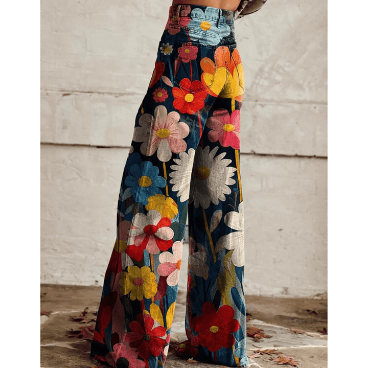 Jelena | Jeans Vintage à jambe large et imprimé floral | Taille haute - Looksy