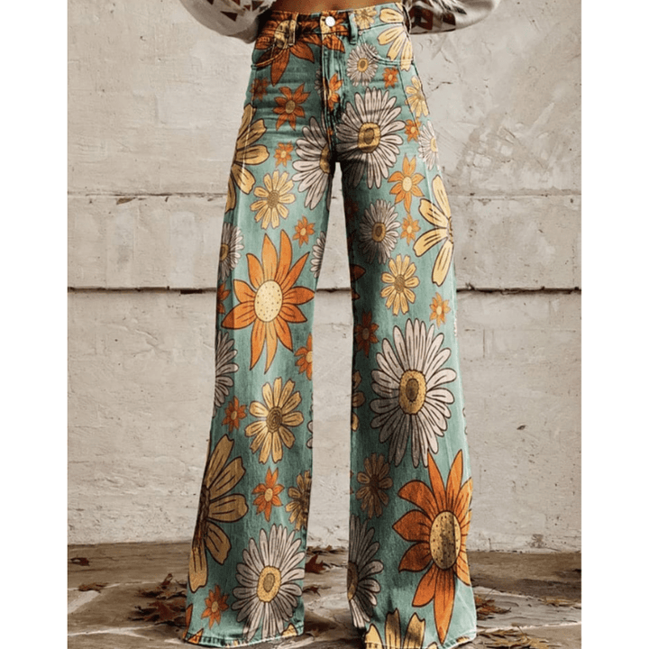Jessica | Jeans Vintage à jambe large et imprimé tournesol pour femmes | Taille haute - Looksy