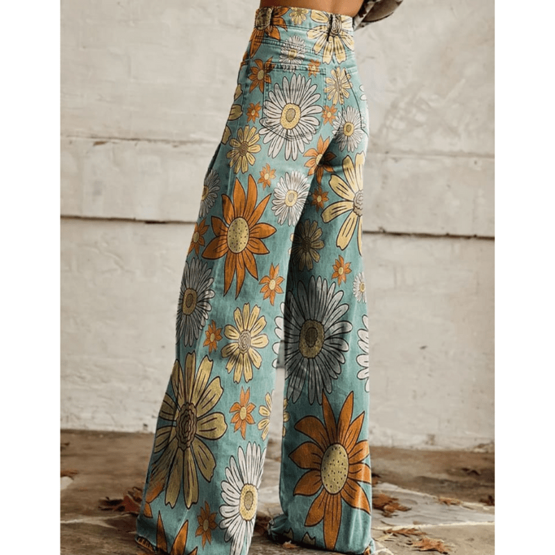 Jessica | Jeans Vintage à jambe large et imprimé tournesol pour femmes | Taille haute - Looksy