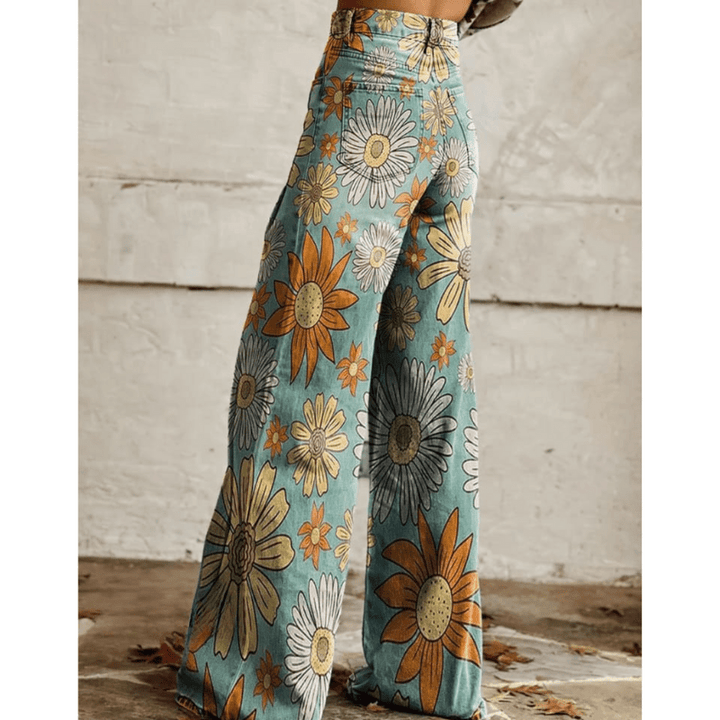 Jessica | Jeans Vintage à jambe large et imprimé tournesol pour femmes | Taille haute - Looksy