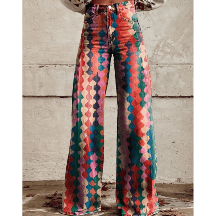 Jolanda | Jeans Vintage à jambe large et imprimé géométrique | Taille haute - Looksy