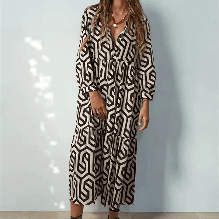 Kaja | Robe D'Été Imprimée Géométrique Bohème Pour Femme | Mi - Longue - Looksy