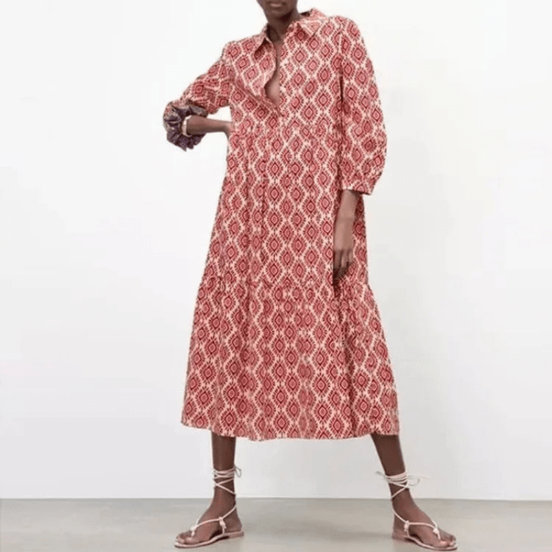 Kaja | Robe D'Été Imprimée Géométrique Bohème Pour Femme | Mi - Longue - Looksy