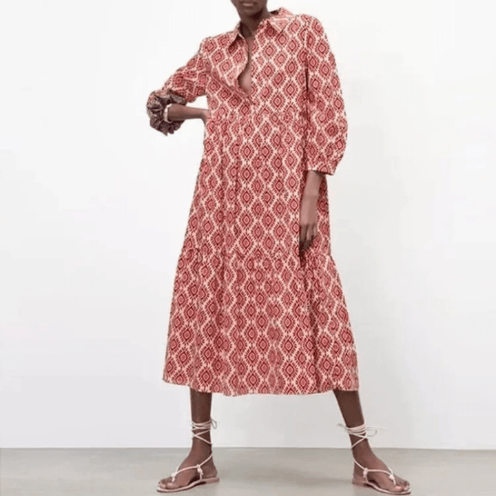 Kaja | Robe D'Été Imprimée Géométrique Bohème Pour Femme | Mi - Longue - Looksy