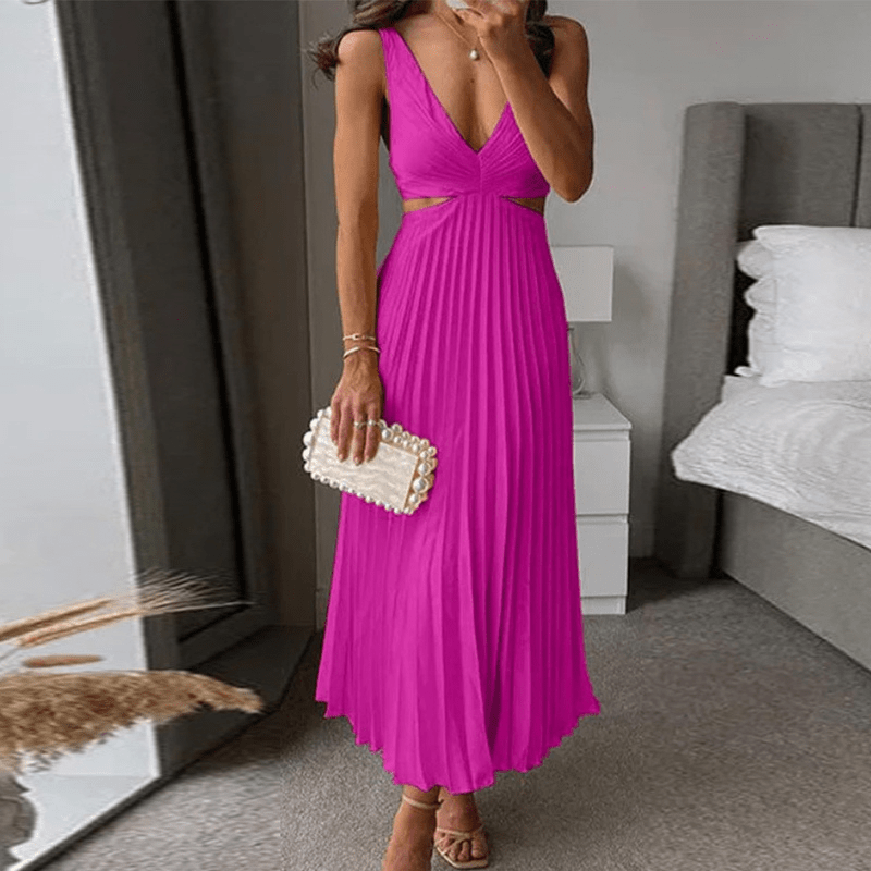 Laure | Robe à col V plissé pour femme | Maxi - Looksy