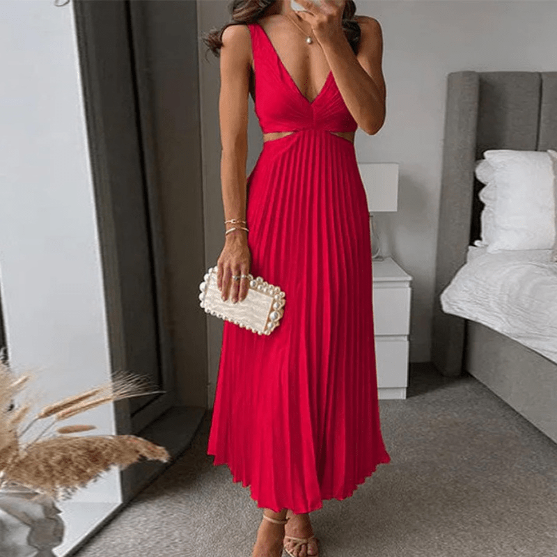 Laure | Robe à col V plissé pour femme | Maxi - Looksy