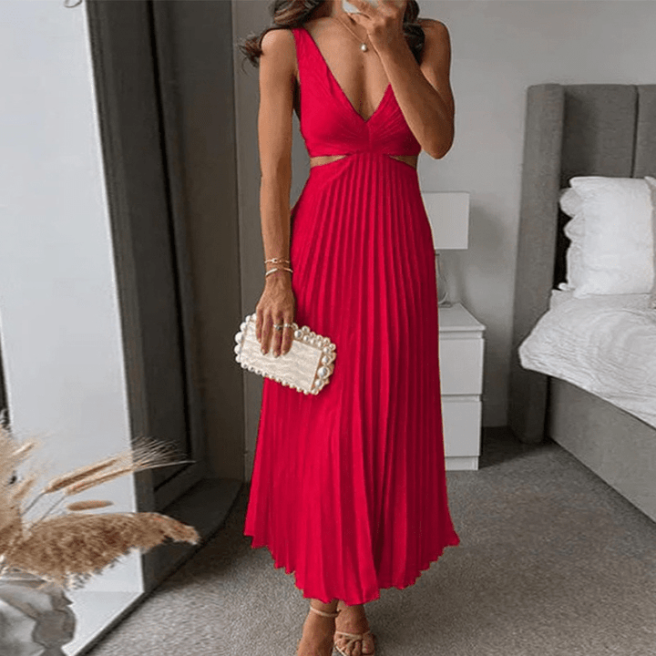 Laure | Robe à col V plissé pour femme | Maxi - Looksy