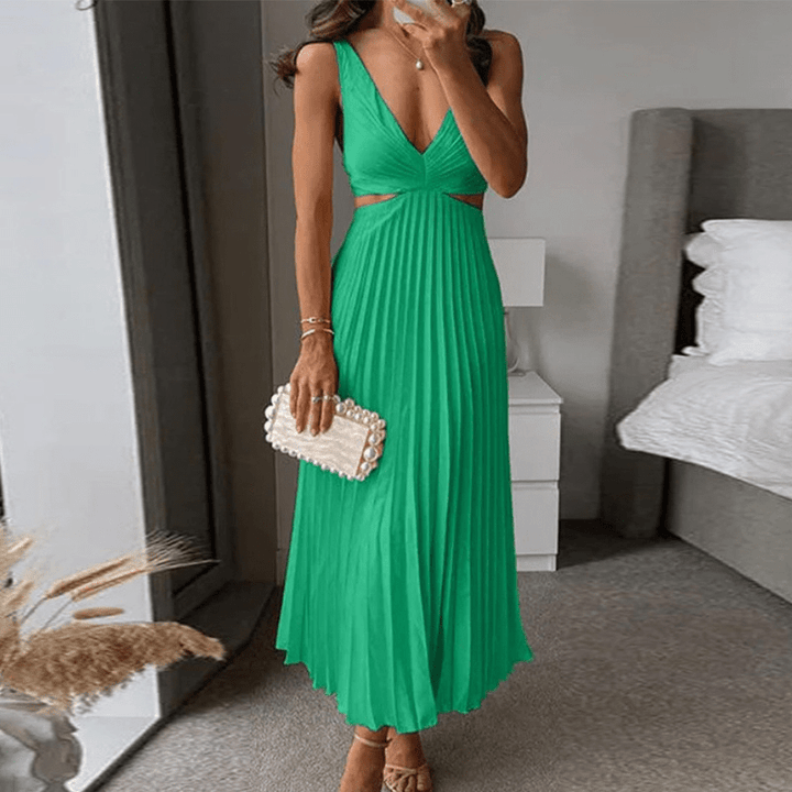 Laure | Robe à col V plissé pour femme | Maxi - Looksy