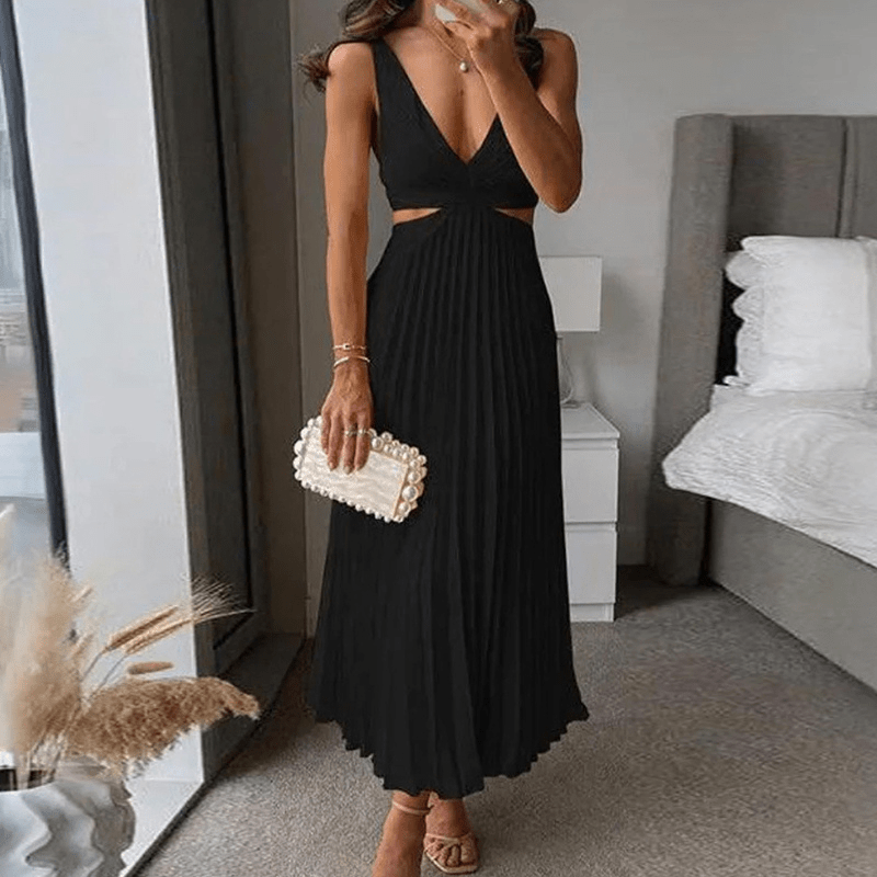 Laure | Robe à col V plissé pour femme | Maxi - Looksy