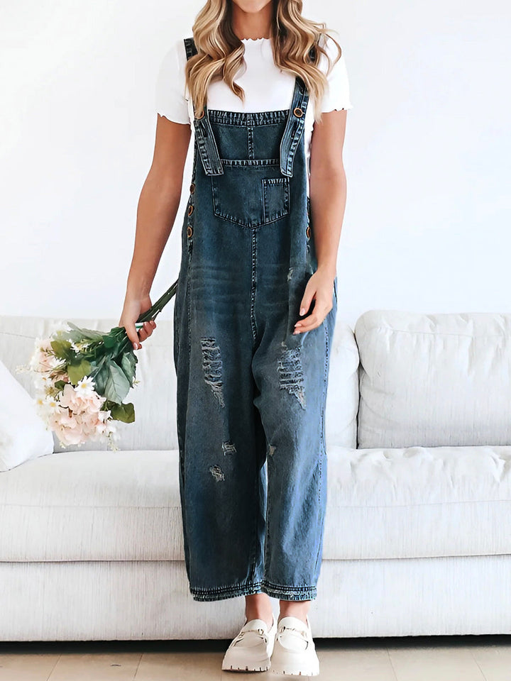 Salopette Large Jean Effet Usé - Confortable Style Décontracté Vintage