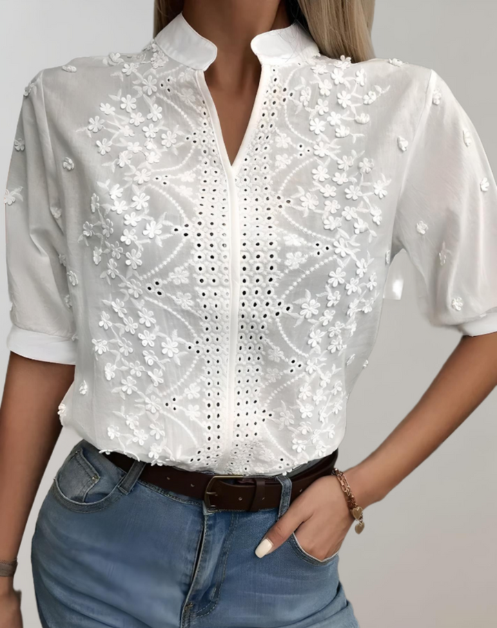 Erica top blanc col mandarin à motif floral – élégant et léger