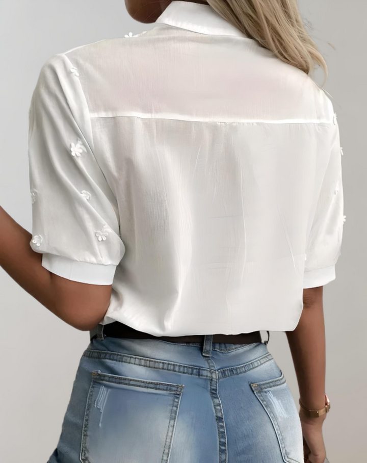 Erica top blanc col mandarin à motif floral – élégant et léger