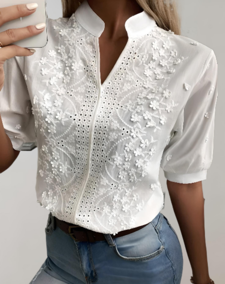 Erica top blanc col mandarin à motif floral – élégant et léger