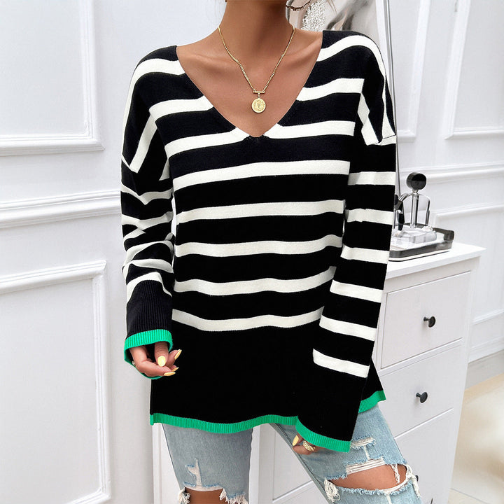 Pull Oversize Rayures Col V Femme - Confort Chic Coloré