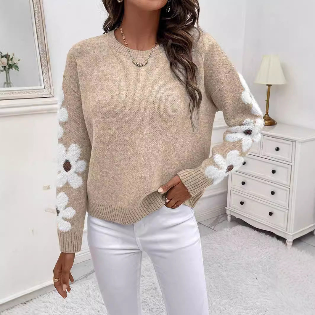 Pull Maille Bleu Fleurs Femme - Confort Élégant Automne