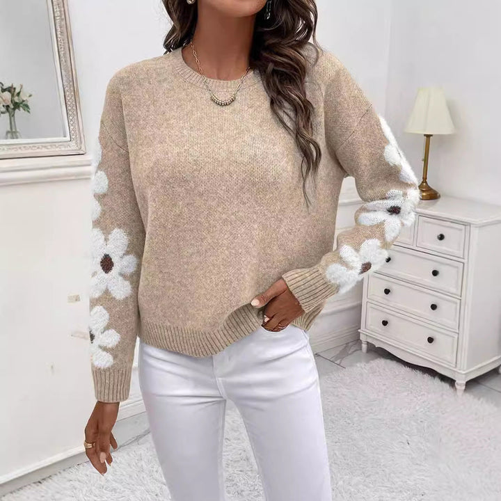 Pull Maille Bleu Fleurs Femme - Confort Élégant Automne