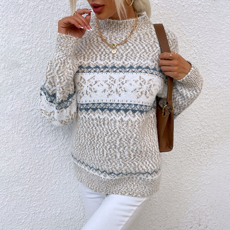 Pull Femme Motif Nordique Col Montant - Chaud et Élégant Hiver