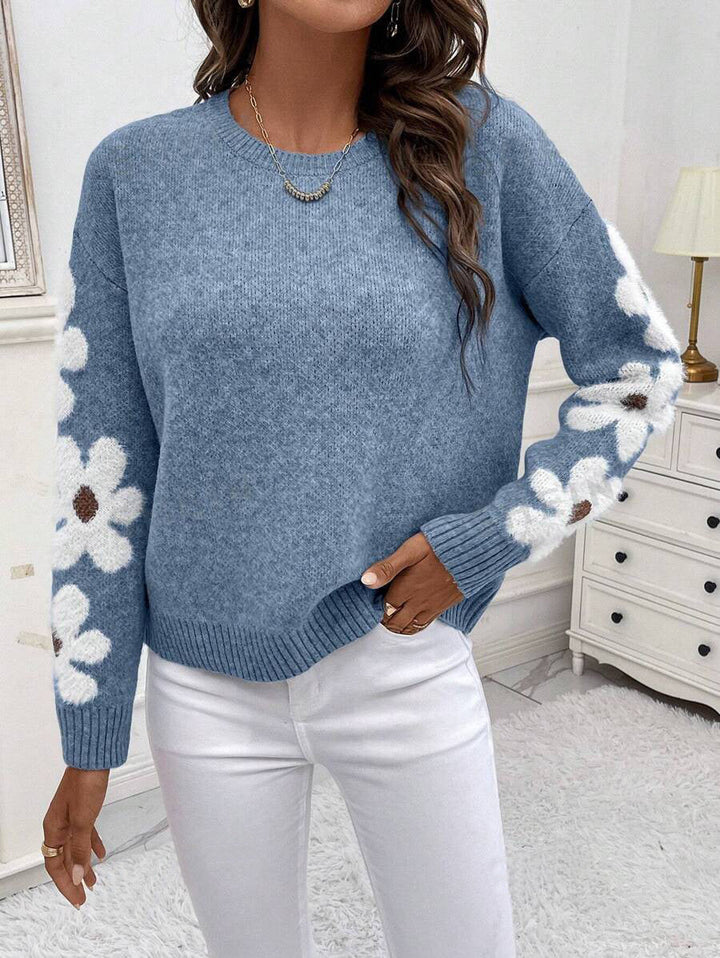 Pull Maille Bleu Fleurs Femme - Confort Élégant Automne