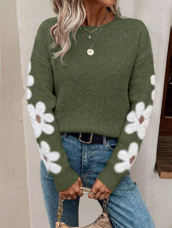 Pull Maille Bleu Fleurs Femme - Confort Élégant Automne