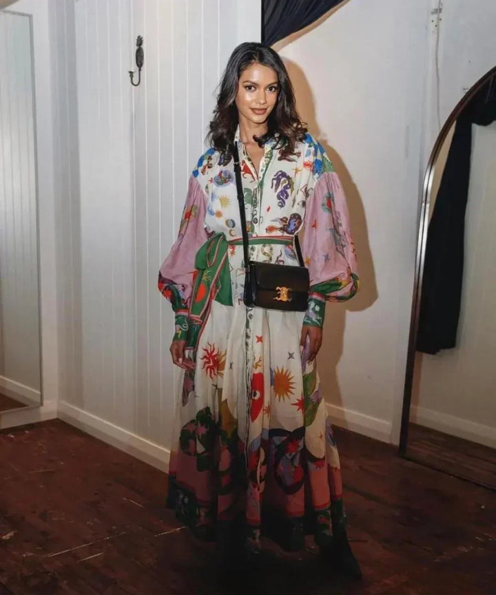 Robe Chemise Longue Imprimé Artistique - Bohème Chic Colorée