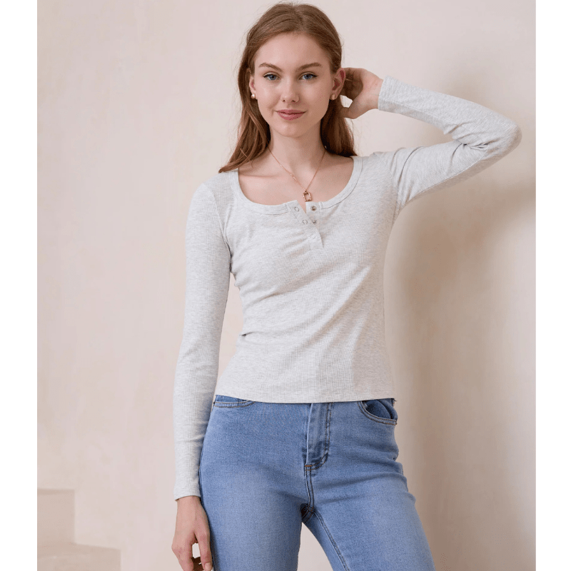 Petronia | Chemise Henley Côtelée Décontractée pour Femme | Manches Longues - Looksy