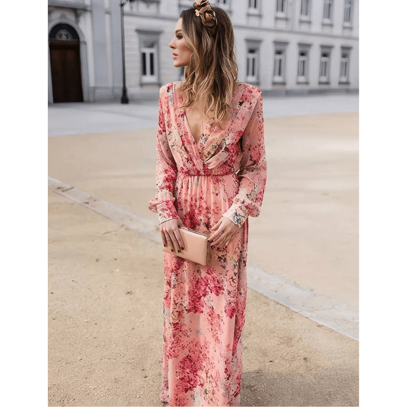 Pia | Robe Longue Bohème À Motif Fleuri Pour Femme | Manches Longues - Looksy